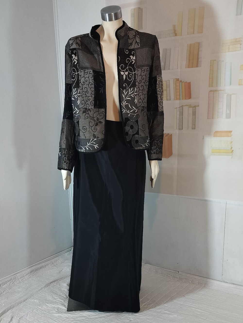 JS Collections Black Maxi Skirt with Coordinating Patterned Jacket